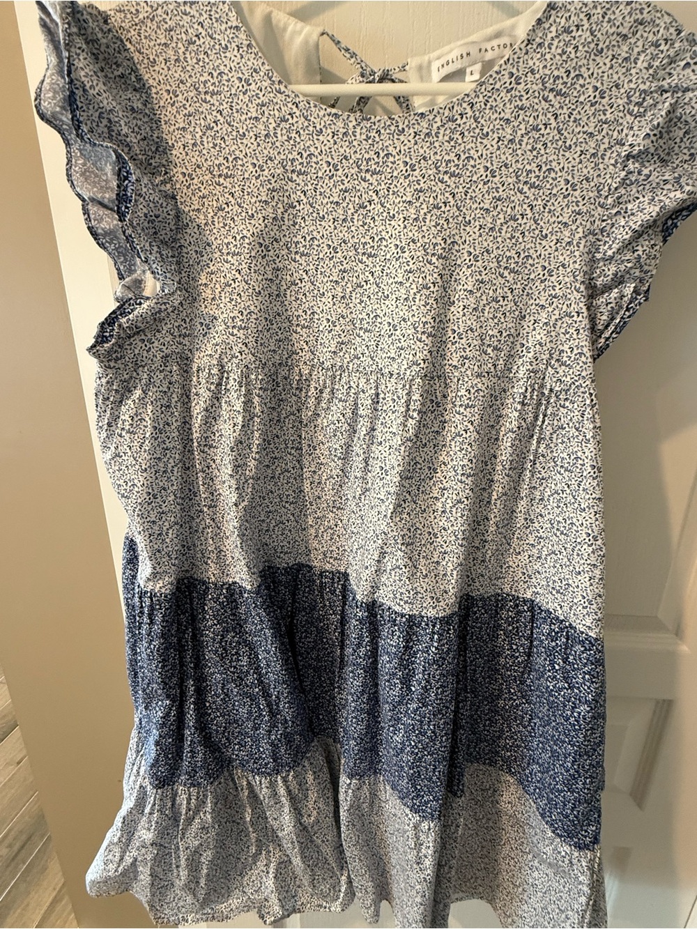 English Factory Blue and White Floral Tiered Sundress with Ruffled Sleeves - Picture 4 of 4